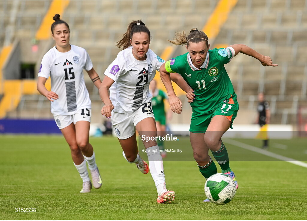 3 June 2025; Katie McCabe of Republic of Ireland in action against Maja Sternad of Slovenia during the UEFA Women's Nations League, League B match between Republic of Ireland and Slovenia at Páirc Uí Chaoimh in Cork. Photo by Stephen McCarthy/Sportsfile