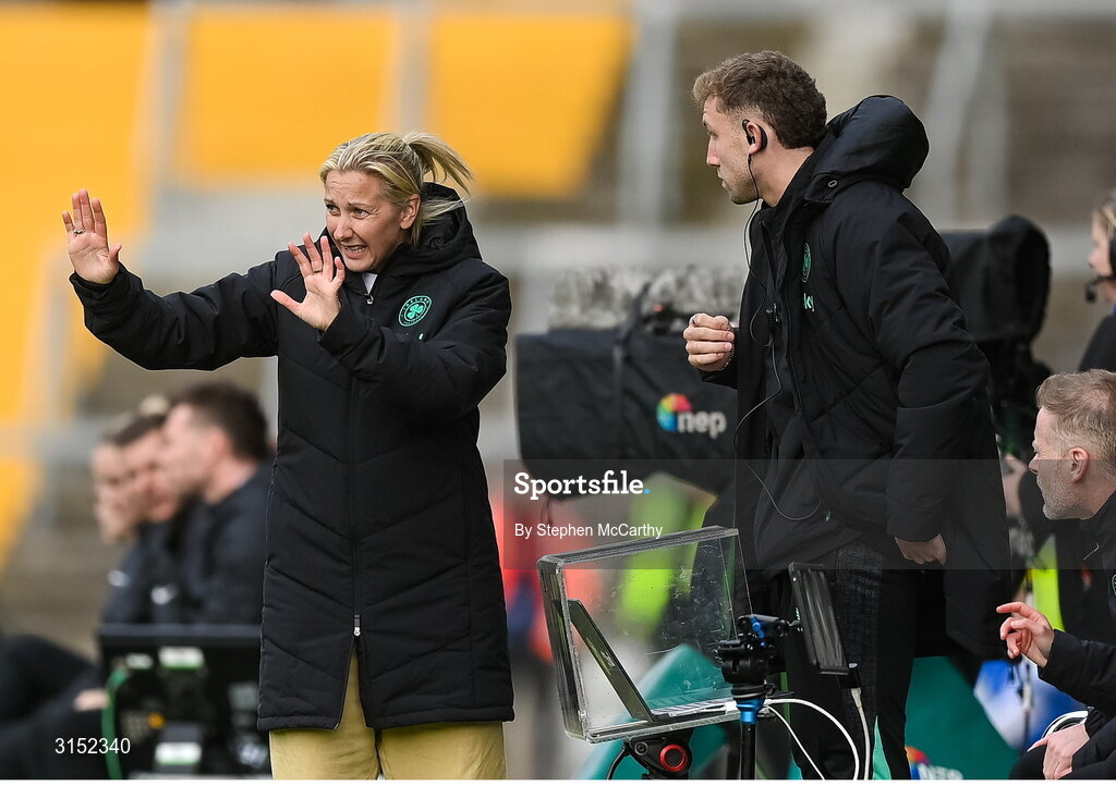 3 June 2025; Republic of Ireland head coach Carla Ward and performance analyst Jackson Huxley during the UEFA Women's Nations League, League B match between Republic of Ireland and Slovenia at Páirc Uí Chaoimh in Cork. Photo by Stephen McCarthy/Sportsfile