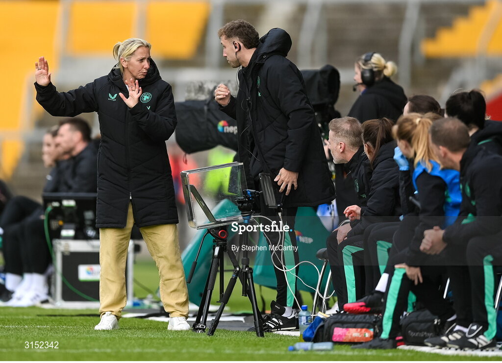 3 June 2025; Republic of Ireland head coach Carla Ward and performance analyst Jackson Huxley during the UEFA Women's Nations League, League B match between Republic of Ireland and Slovenia at Páirc Uí Chaoimh in Cork. Photo by Stephen McCarthy/Sportsfile
