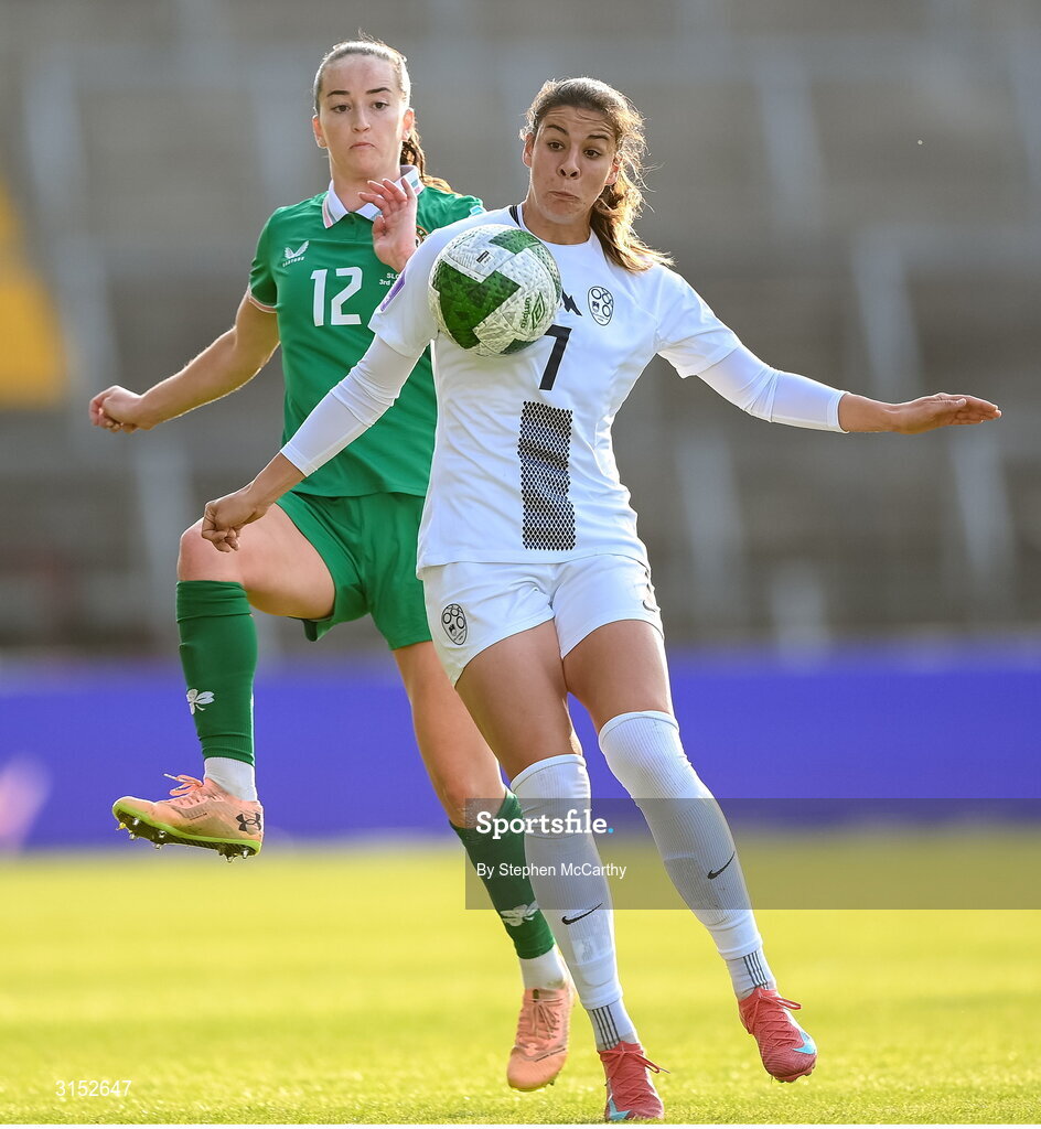 3 June 2025; Nina Kajzba of Slovenia in action against Anna Patten of Republic of Ireland during the UEFA Women's Nations League, League B match between Republic of Ireland and Slovenia at Páirc Uí Chaoimh in Cork. Photo by Stephen McCarthy/Sportsfile