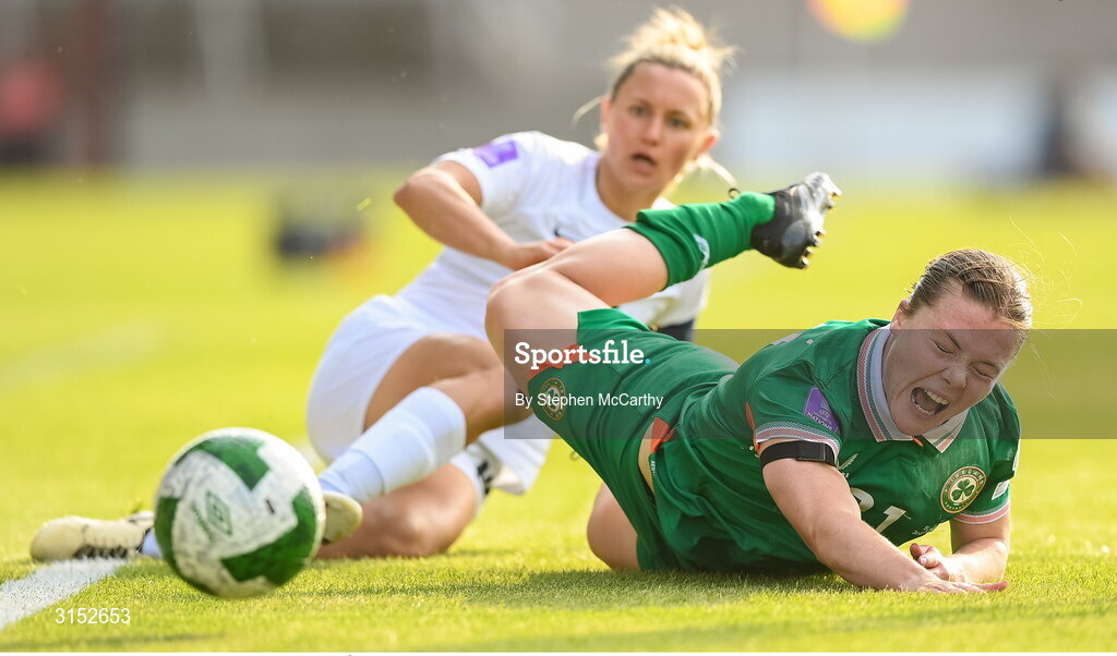 3 June 2025; Emily Murphy of Republic of Ireland in action against Dominika Conc of Slovenia during the UEFA Women's Nations League, League B match between Republic of Ireland and Slovenia at Páirc Uí Chaoimh in Cork. Photo by Stephen McCarthy/Sportsfile