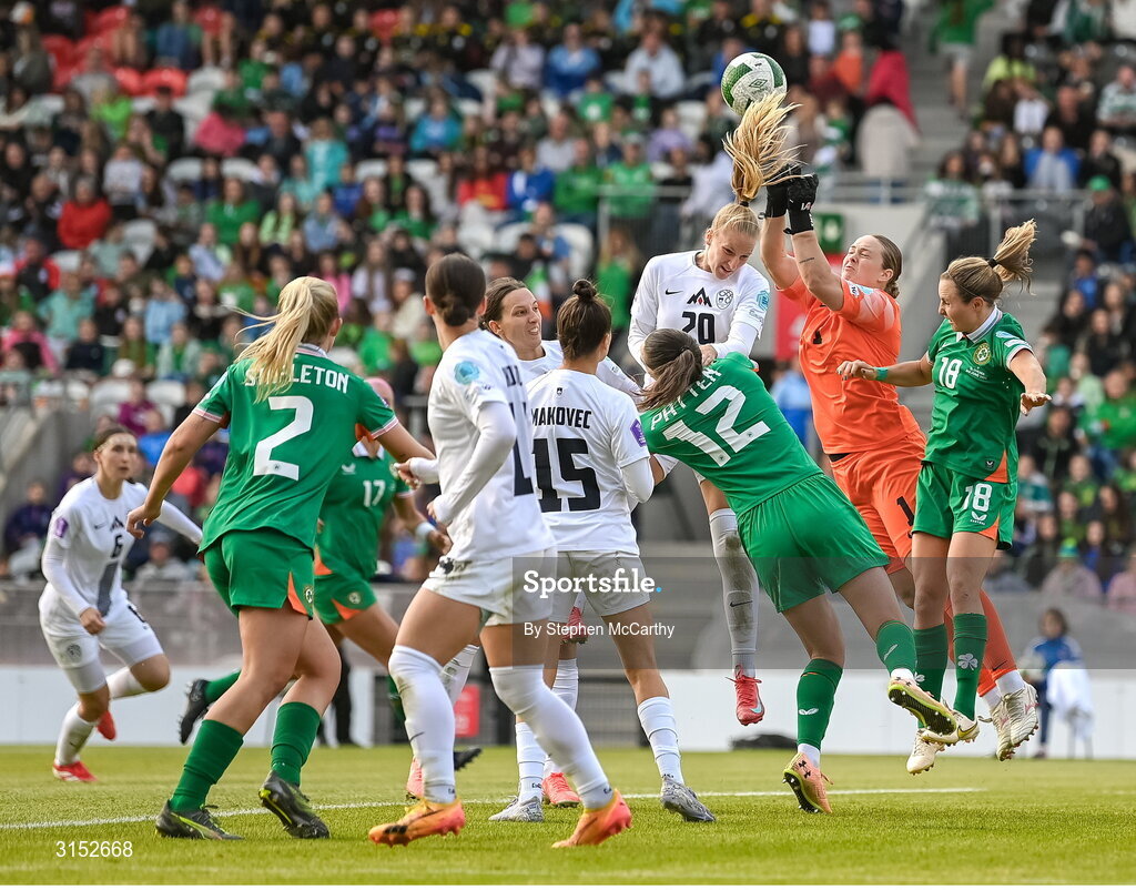 3 June 2025; Slovenia goalkeeper Zala Meršnik and Zara Kramžar, 20, defend an Republic of Ireland attack during the UEFA Women's Nations League, League B match between Republic of Ireland and Slovenia at Páirc Uí Chaoimh in Cork. Photo by Stephen McCarthy/Sportsfile