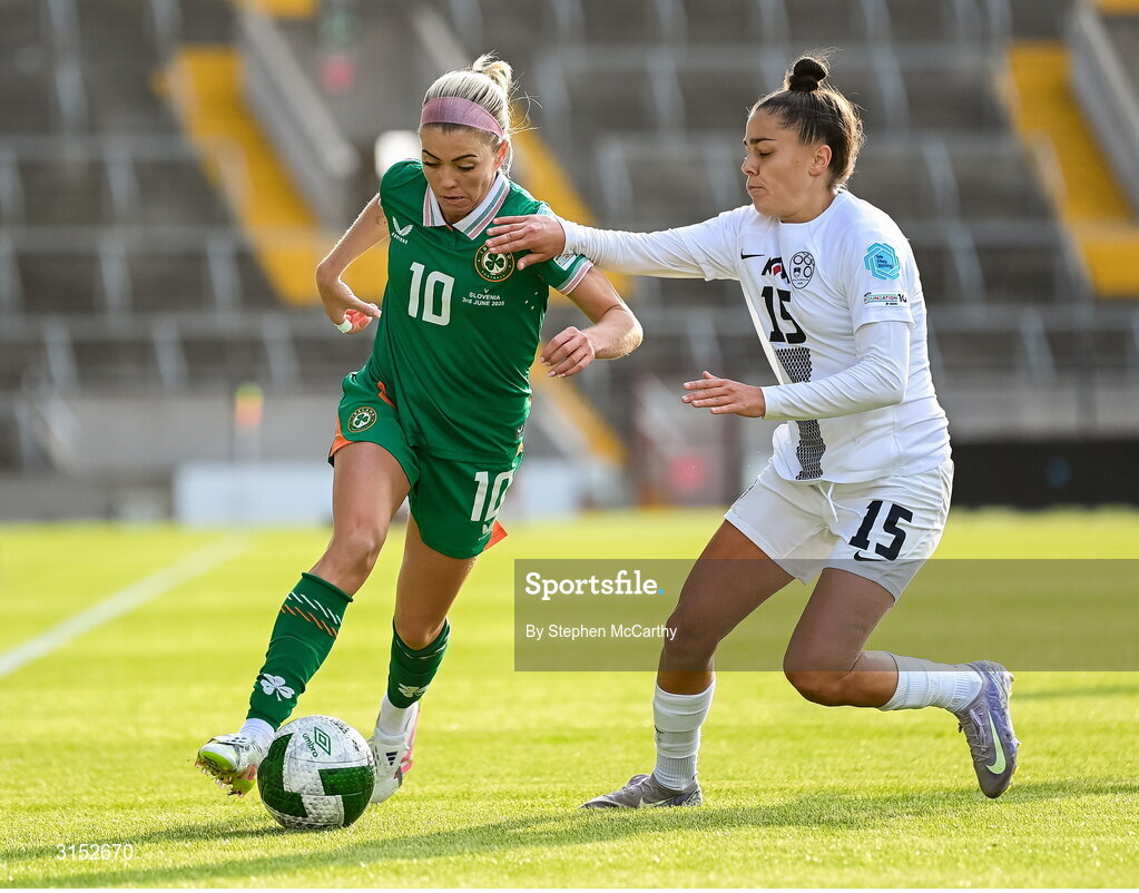 3 June 2025; Denise O’Sullivan of Republic of Ireland in action against Sara Makovec of Slovenia during the UEFA Women's Nations League, League B match between Republic of Ireland and Slovenia at Páirc Uí Chaoimh in Cork. Photo by Stephen McCarthy/Sportsfile
