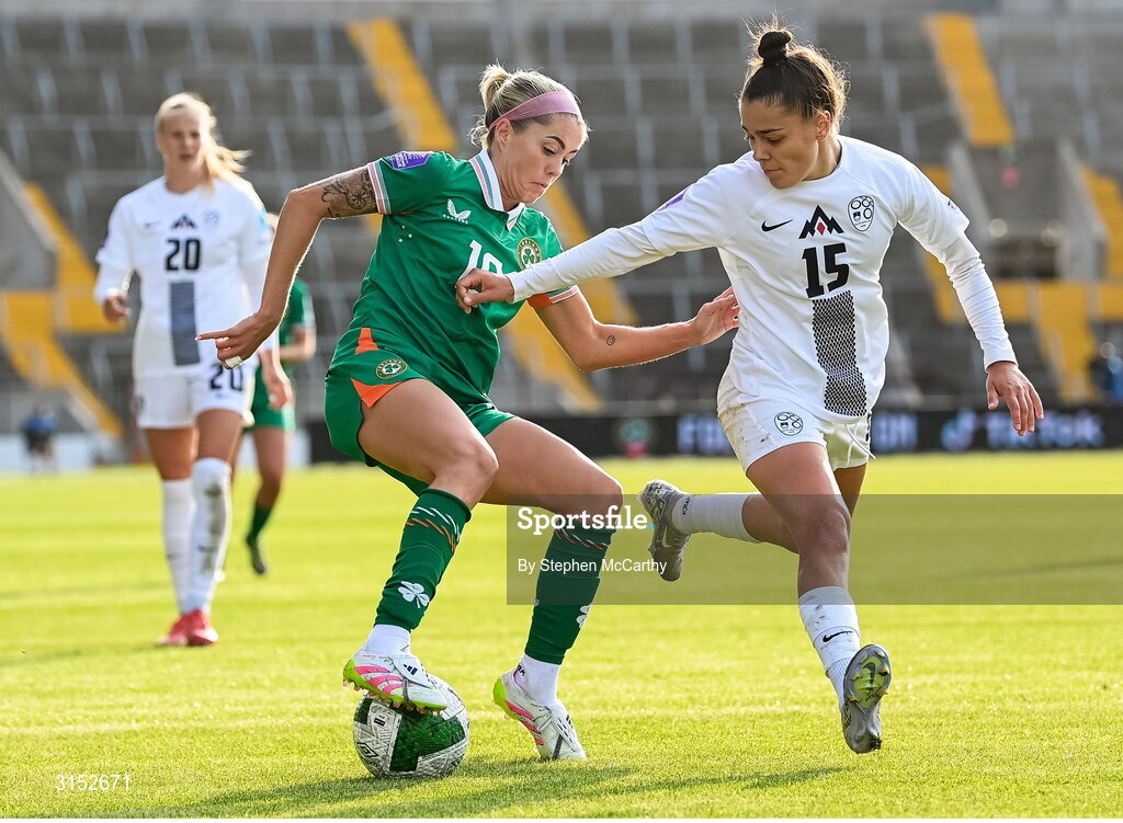3 June 2025; Denise O’Sullivan of Republic of Ireland in action against Sara Makovec of Slovenia during the UEFA Women's Nations League, League B match between Republic of Ireland and Slovenia at Páirc Uí Chaoimh in Cork. Photo by Stephen McCarthy/Sportsfile