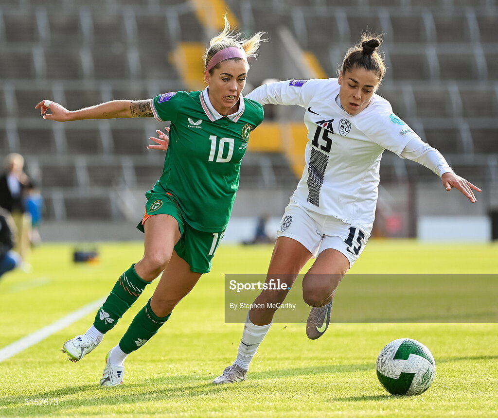 3 June 2025; Denise O’Sullivan of Republic of Ireland in action against Sara Makovec of Slovenia during the UEFA Women's Nations League, League B match between Republic of Ireland and Slovenia at Páirc Uí Chaoimh in Cork. Photo by Stephen McCarthy/Sportsfile
