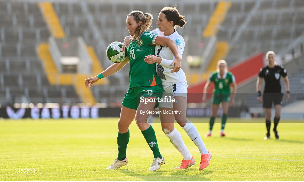 3 June 2025; Kyra Carusa of Republic of Ireland in action against Sara Agrež of Slovenia during the UEFA Women's Nations League, League B match between Republic of Ireland and Slovenia at Páirc Uí Chaoimh in Cork. Photo by Stephen McCarthy/Sportsfile