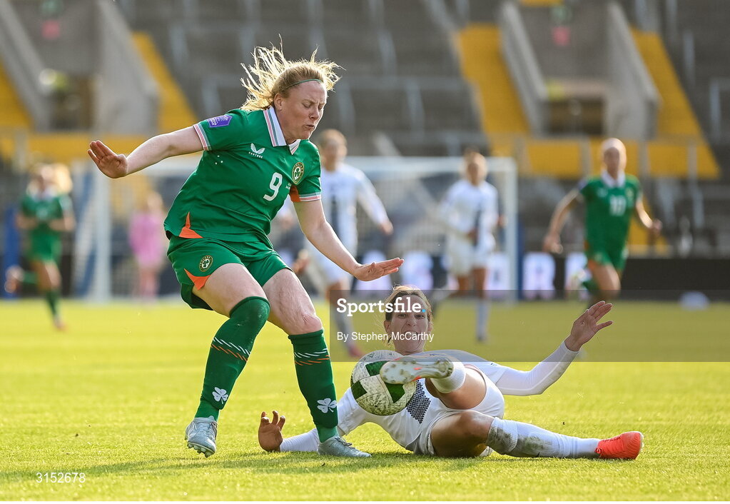 3 June 2025; Amber Barrett of Republic of Ireland is tackled by Sara Agrež of Slovenia during the UEFA Women's Nations League, League B match between Republic of Ireland and Slovenia at Páirc Uí Chaoimh in Cork. Photo by Stephen McCarthy/Sportsfile