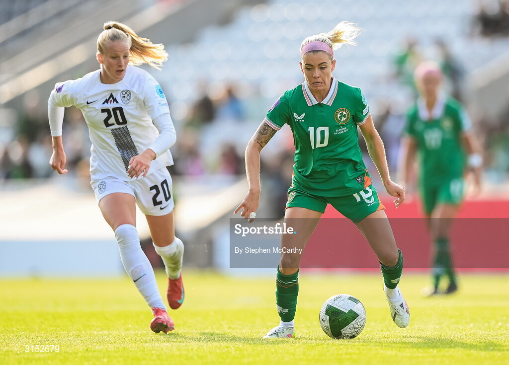 3 June 2025; Denise O’Sullivan of Republic of Ireland in action against Zara Kramžar of Slovenia during the UEFA Women's Nations League, League B match between Republic of Ireland and Slovenia at Páirc Uí Chaoimh in Cork. Photo by Stephen McCarthy/Sportsfile