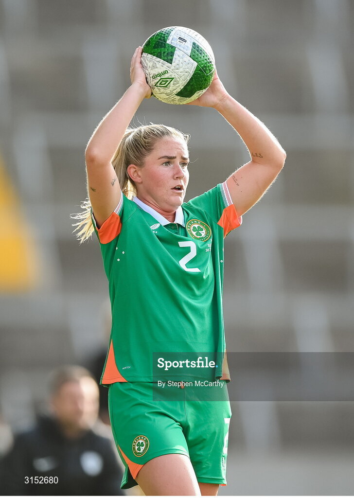 3 June 2025; Jessie Stapleton of Republic of Ireland takes a throw-in during the UEFA Women's Nations League, League B match between Republic of Ireland and Slovenia at Páirc Uí Chaoimh in Cork. Photo by Stephen McCarthy/Sportsfile