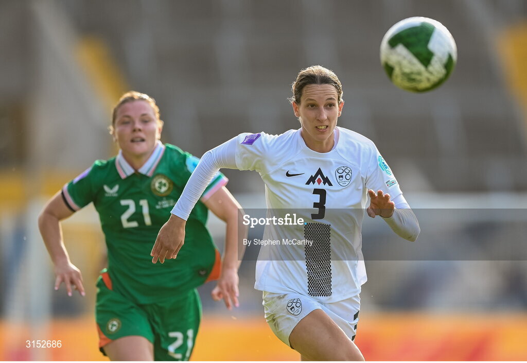 3 June 2025; Sara Agrež of Slovenia in action against Emily Murphy of Republic of Ireland during the UEFA Women's Nations League, League B match between Republic of Ireland and Slovenia at Páirc Uí Chaoimh in Cork. Photo by Stephen McCarthy/Sportsfile