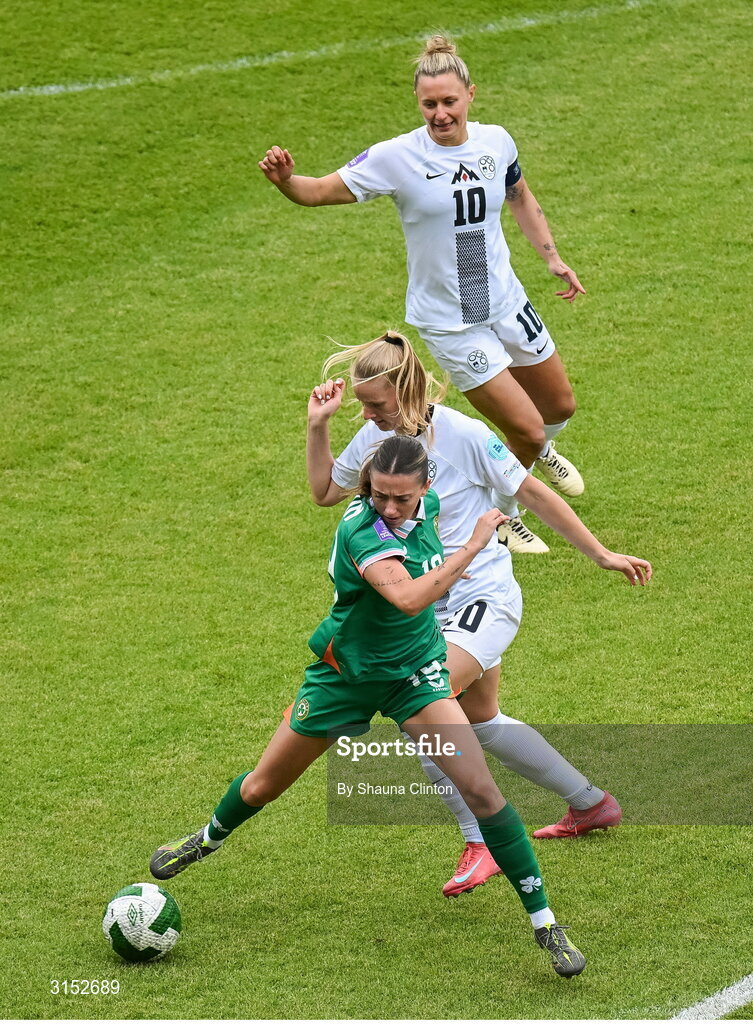 3 June 2025; Abbie Larkin of Republic of Ireland in action against Zara Kramžar of Slovenia during the UEFA Women's Nations League, League B match between Republic of Ireland and Slovenia at Páirc Uí Chaoimh in Cork. Photo by Shauna Clinton/Sportsfile