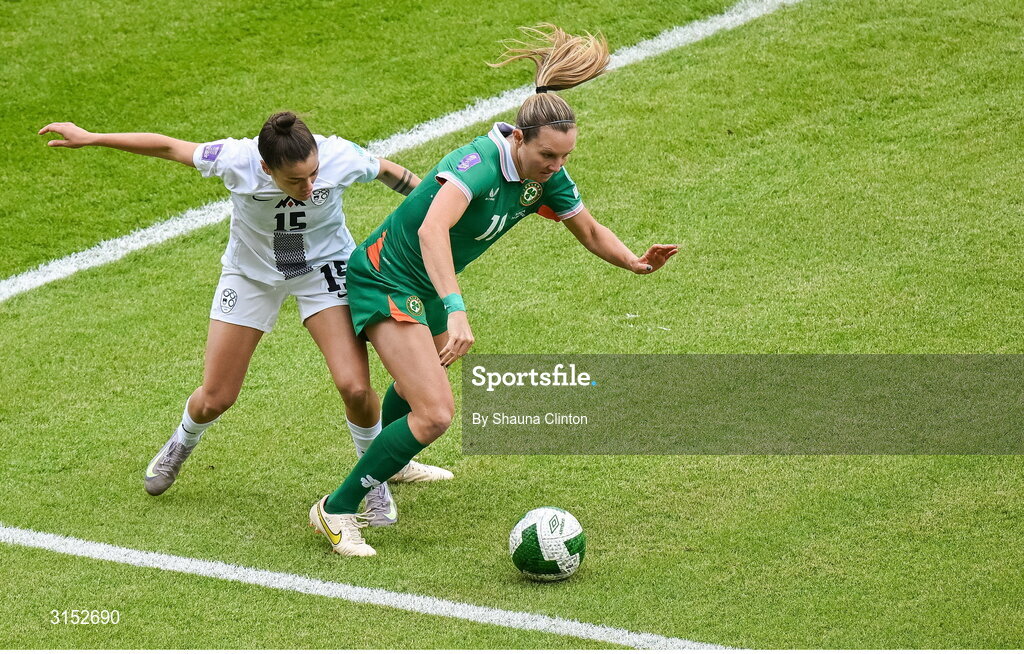 3 June 2025; Kyra Carusa of Republic of Ireland in action against Sara Makovec of Slovenia during the UEFA Women's Nations League, League B match between Republic of Ireland and Slovenia at Páirc Uí Chaoimh in Cork. Photo by Shauna Clinton/Sportsfile