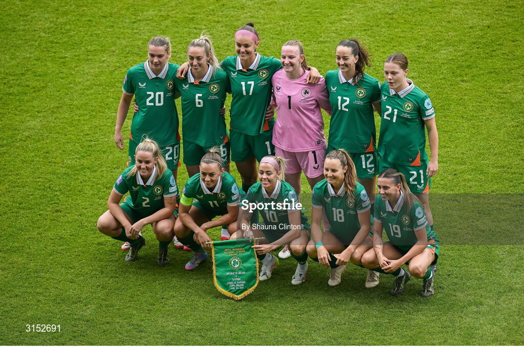 3 June 2025; The Republic of Ireland team pose for a team photograph before the UEFA Women's Nations League, League B match between Republic of Ireland and Slovenia at Páirc Uí Chaoimh in Cork. Photo by Shauna Clinton/Sportsfile