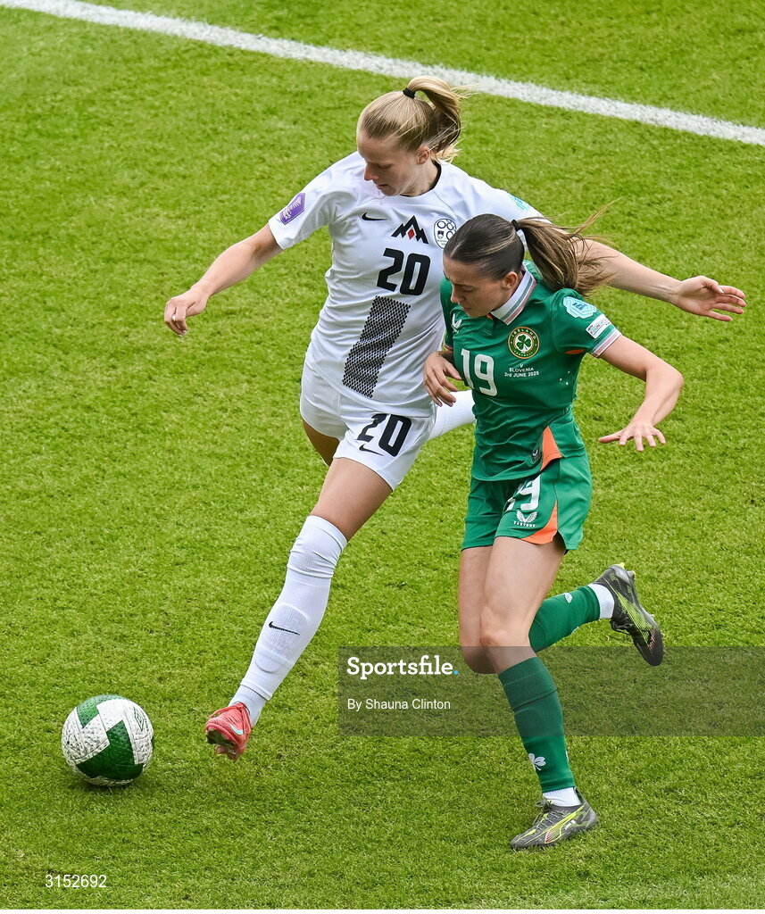 3 June 2025; Zara Kramžar of Slovenia in action against Abbie Larkin of Republic of Ireland during the UEFA Women's Nations League, League B match between Republic of Ireland and Slovenia at Páirc Uí Chaoimh in Cork. Photo by Shauna Clinton/Sportsfile