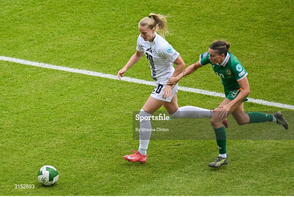 3 June 2025; Zara Kramžar of Slovenia in action against Abbie Larkin of Republic of Ireland during the UEFA Women's Nations League, League B match between Republic of Ireland and Slovenia at Páirc Uí Chaoimh in Cork. Photo by Shauna Clinton/Sportsfile