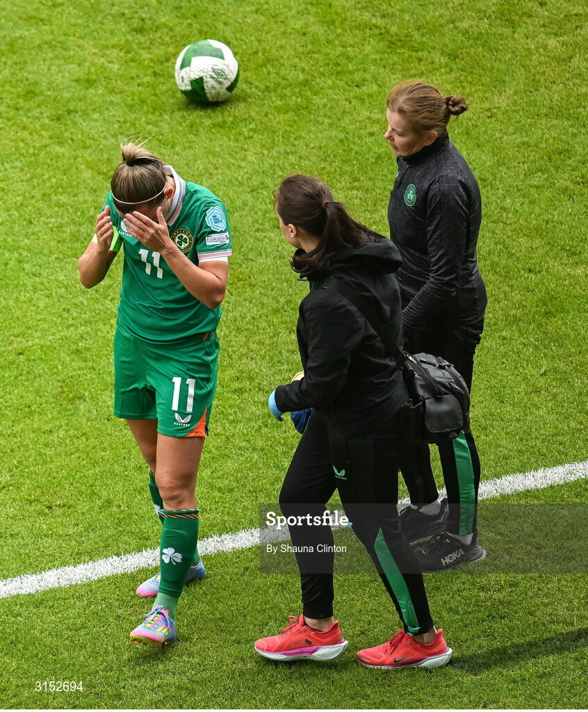 3 June 2025; Katie McCabe of Republic of Ireland recieves medical attention during the UEFA Women's Nations League, League B match between Republic of Ireland and Slovenia at Páirc Uí Chaoimh in Cork. Photo by Shauna Clinton/Sportsfile