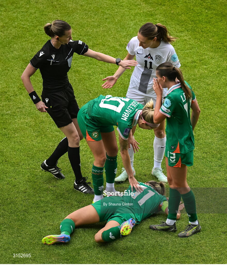 3 June 2025; Referee Miriama Bocková speaks to Lara Prašnikar of Slovenia after Katie McCabe of Republic of Ireland sustains an injury during the UEFA Women's Nations League, League B match between Republic of Ireland and Slovenia at Páirc Uí Chaoimh in Cork. Photo by Shauna Clinton/Sportsfile