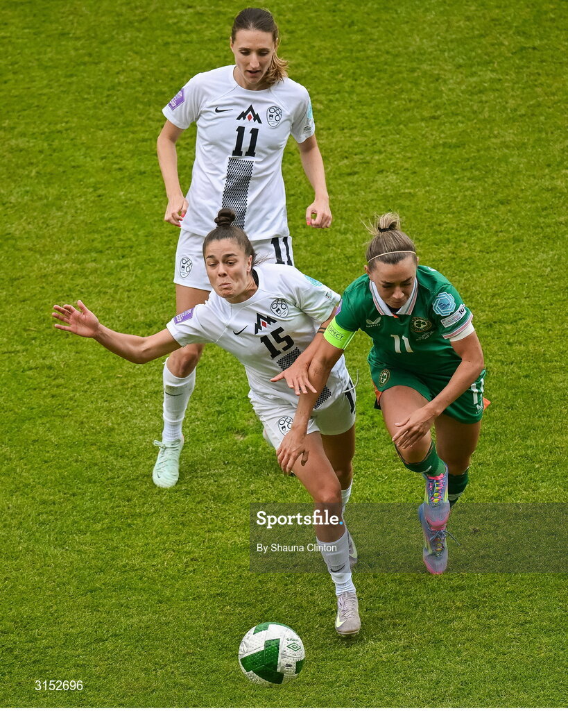 3 June 2025; Katie McCabe of Republic of Ireland is tackled by Sara Makovec of Slovenia during the UEFA Women's Nations League, League B match between Republic of Ireland and Slovenia at Páirc Uí Chaoimh in Cork. Photo by Shauna Clinton/Sportsfile