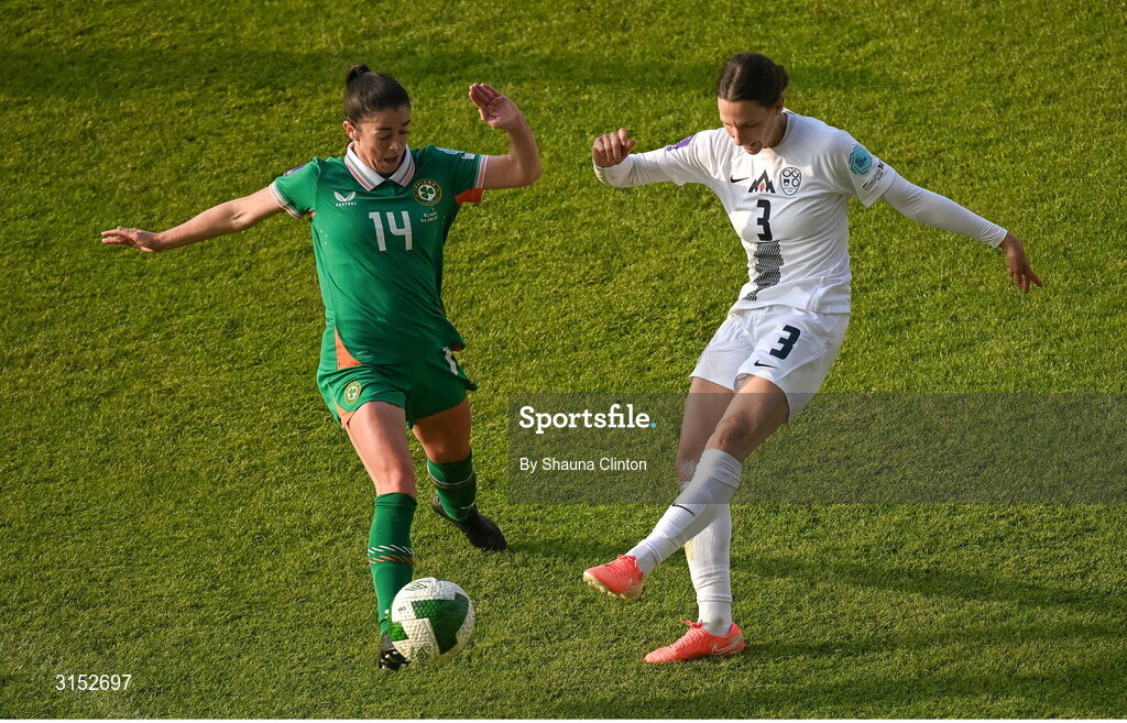 3 June 2025; Sara Agrež of Slovenia in action against Marissa Sheva of Republic of Ireland during the UEFA Women's Nations League, League B match between Republic of Ireland and Slovenia at Páirc Uí Chaoimh in Cork. Photo by Shauna Clinton/Sportsfile