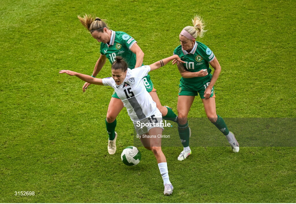 3 June 2025; Sara Makovec of Slovenia in action against Republic of Ireland players Kyra Carusa, left, and Denise O'Sullivan during the UEFA Women's Nations League, League B match between Republic of Ireland and Slovenia at Páirc Uí Chaoimh in Cork. Photo by Shauna Clinton/Sportsfile