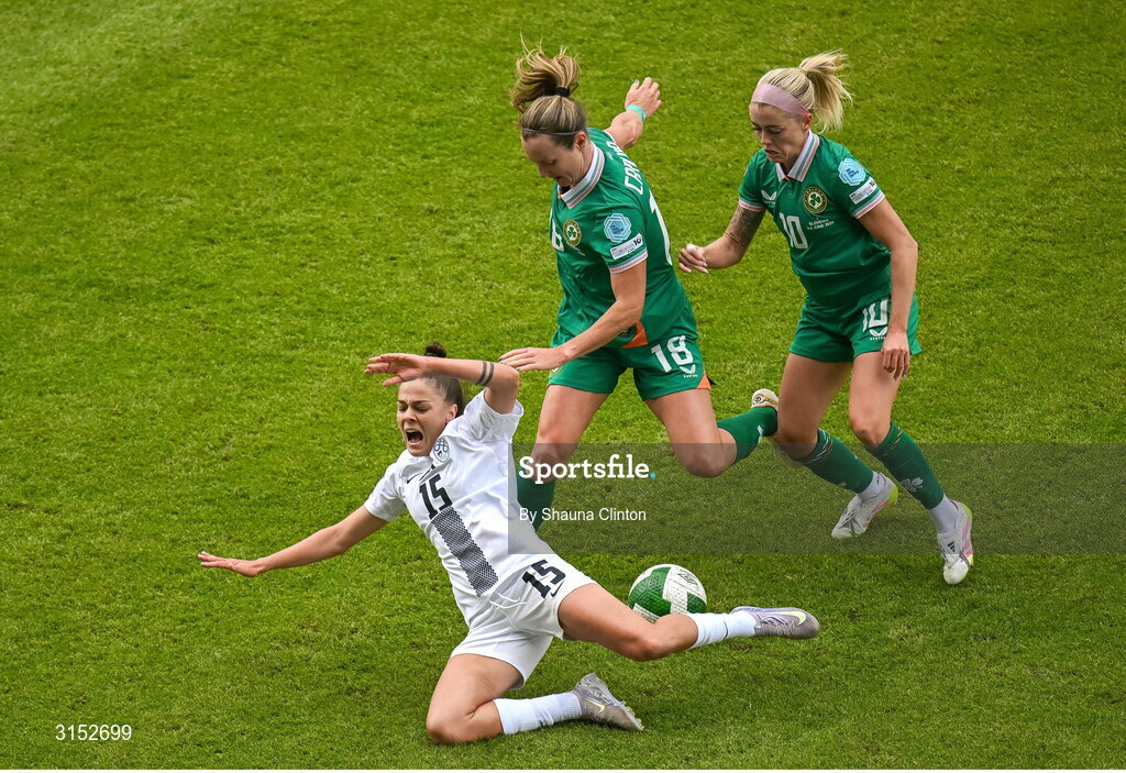 3 June 2025; Sara Makovec of Slovenia in action against Republic of Ireland players Kyra Carusa, left, and Denise O'Sullivan during the UEFA Women's Nations League, League B match between Republic of Ireland and Slovenia at Páirc Uí Chaoimh in Cork. Photo by Shauna Clinton/Sportsfile