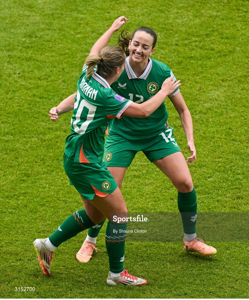 3 June 2025; Saoirse Noonan of Republic of Ireland, left, celebrates with team-mate Anna Patten after scoring her side's first goal during the UEFA Women's Nations League, League B match between Republic of Ireland and Slovenia at Páirc Uí Chaoimh in Cork. Photo by Shauna Clinton/Sportsfile