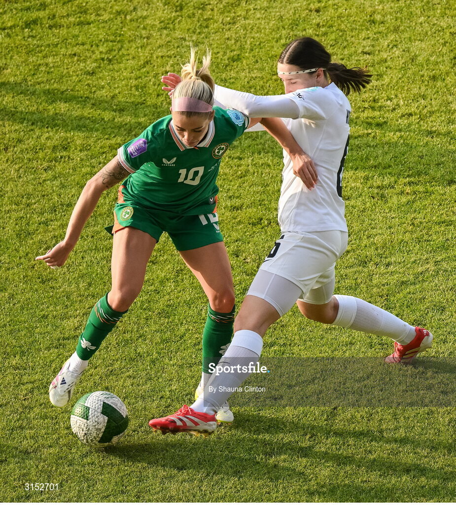 3 June 2025; Denise O'Sullivan of Republic of Ireland in action against Kaja Korošec of Slovenia during the UEFA Women's Nations League, League B match between Republic of Ireland and Slovenia at Páirc Uí Chaoimh in Cork. Photo by Shauna Clinton/Sportsfile