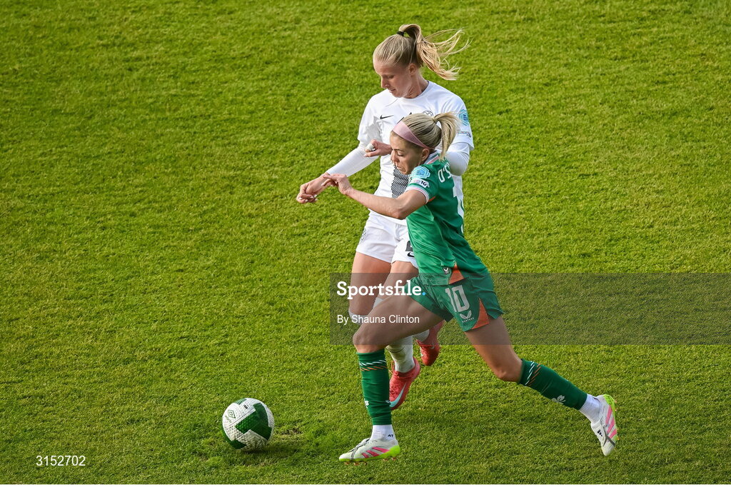 3 June 2025; Zara Kramžar of Slovenia in action against Denise O'Sullivan of Republic of Ireland during the UEFA Women's Nations League, League B match between Republic of Ireland and Slovenia at Páirc Uí Chaoimh in Cork. Photo by Shauna Clinton/Sportsfile