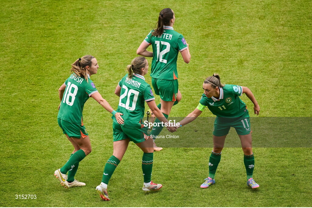 3 June 2025; Saoirse Noonan of Republic of Ireland, centre, is congratulated by team-mate Katie McCabe, right, after scoring her side's first goal during the UEFA Women's Nations League, League B match between Republic of Ireland and Slovenia at Páirc Uí Chaoimh in Cork. Photo by Shauna Clinton/Sportsfile