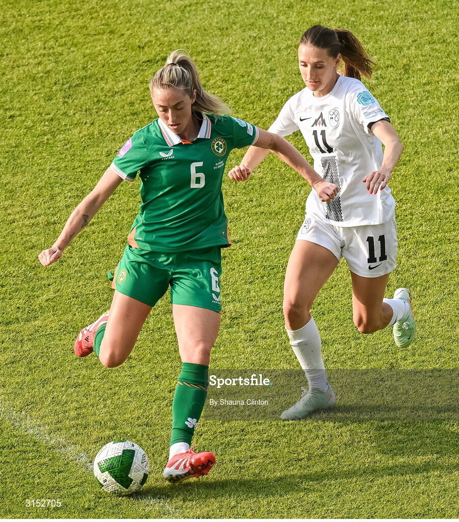 3 June 2025; Megan Connolly of Republic of Ireland in action against Lara Prašnikar of Slovenia during the UEFA Women's Nations League, League B match between Republic of Ireland and Slovenia at Páirc Uí Chaoimh in Cork. Photo by Shauna Clinton/Sportsfile