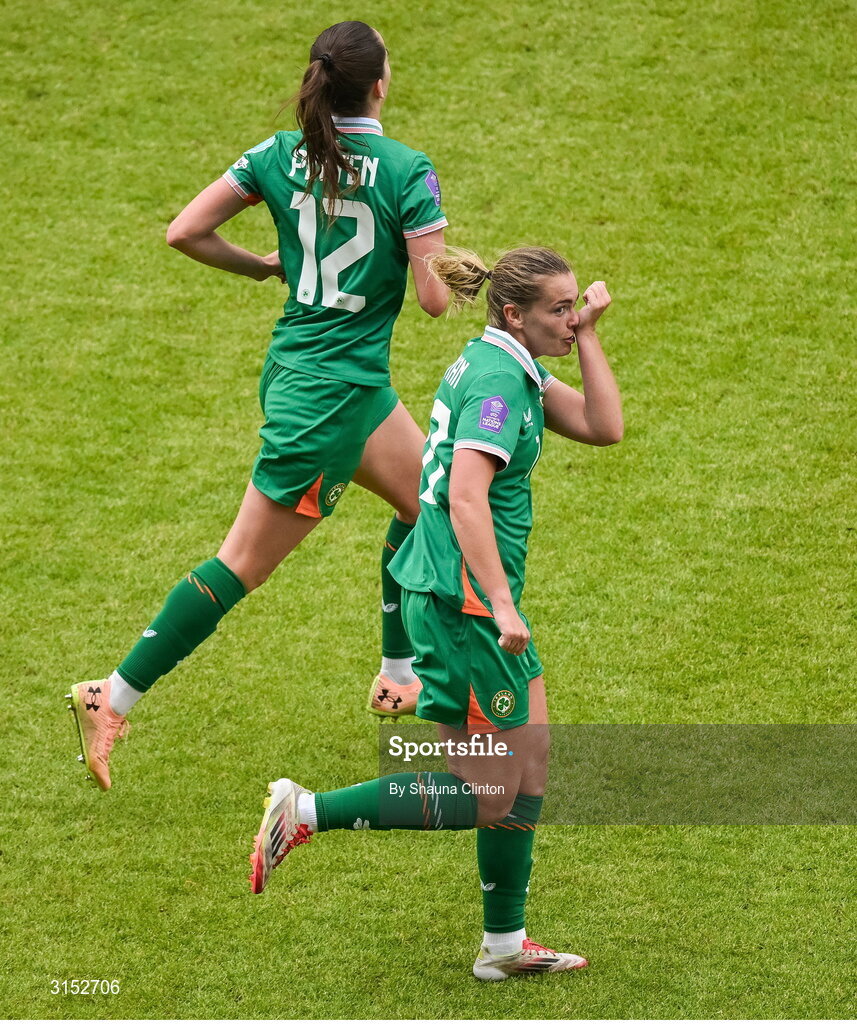 3 June 2025; Saoirse Noonan of Republic of Ireland celebrates after scoring her side's first goal during the UEFA Women's Nations League, League B match between Republic of Ireland and Slovenia at Páirc Uí Chaoimh in Cork. Photo by Shauna Clinton/Sportsfile