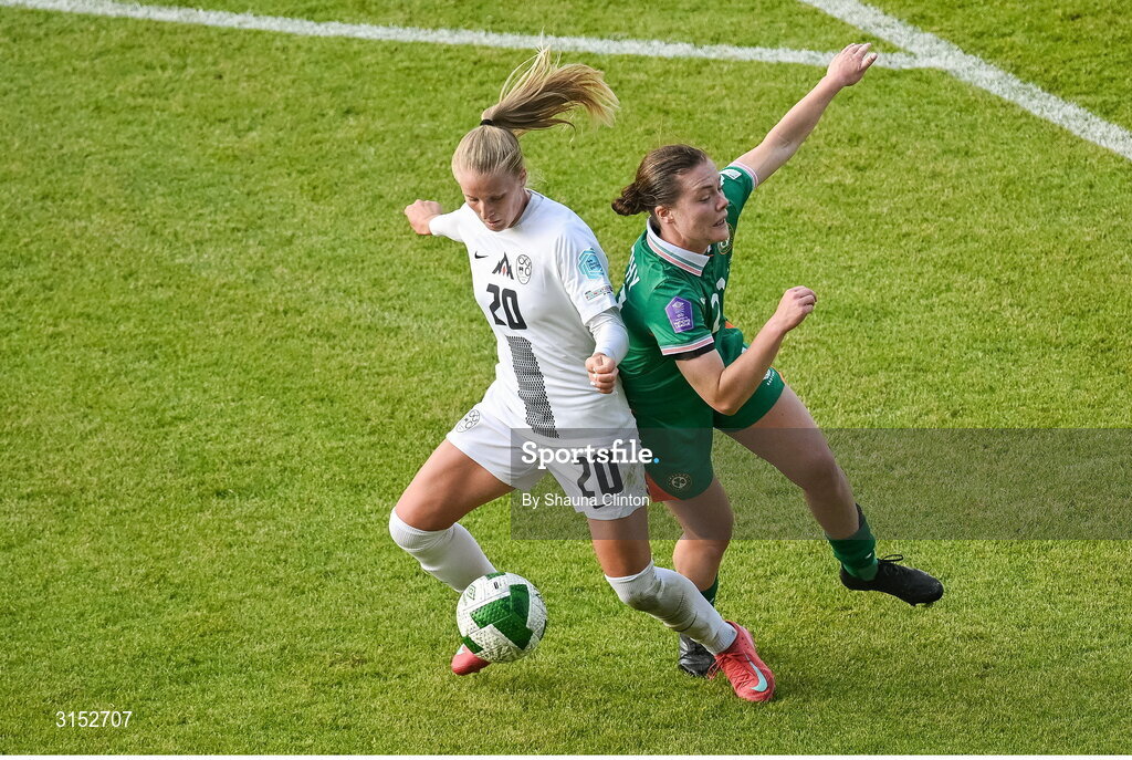 3 June 2025; Zara Kramžar of Slovenia in action against Emily Murphy of Republic of Ireland during the UEFA Women's Nations League, League B match between Republic of Ireland and Slovenia at Páirc Uí Chaoimh in Cork. Photo by Shauna Clinton/Sportsfile