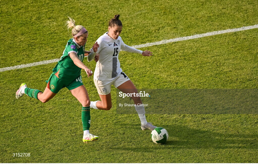 3 June 2025; Sara Makovec of Slovenia in action against Denise O'Sullivan of Republic of Ireland during the UEFA Women's Nations League, League B match between Republic of Ireland and Slovenia at Páirc Uí Chaoimh in Cork. Photo by Shauna Clinton/Sportsfile
