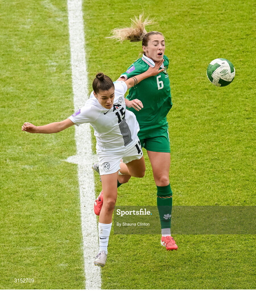 3 June 2025; Sara Makovec of Slovenia in action against Megan Connolly of Republic of Ireland during the UEFA Women's Nations League, League B match between Republic of Ireland and Slovenia at Páirc Uí Chaoimh in Cork. Photo by Shauna Clinton/Sportsfile