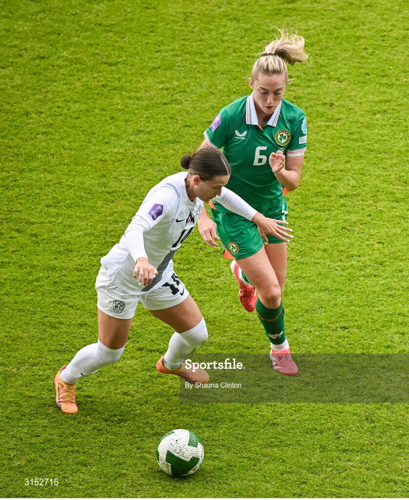 3 June 2025; Špela Kolbl of Slovenia in action against Megan Connolly of Republic of Ireland during the UEFA Women's Nations League, League B match between Republic of Ireland and Slovenia at Páirc Uí Chaoimh in Cork. Photo by Shauna Clinton/Sportsfile