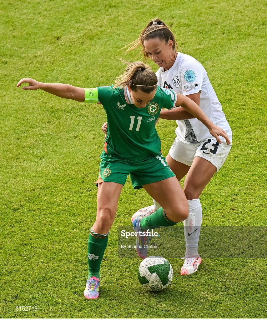 3 June 2025; Katie McCabe of Republic of Ireland in action against Maja Sternad of Slovenia during the UEFA Women's Nations League, League B match between Republic of Ireland and Slovenia at Páirc Uí Chaoimh in Cork. Photo by Shauna Clinton/Sportsfile