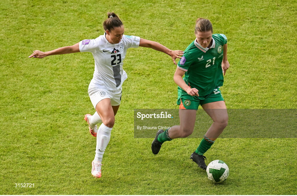 3 June 2025; Emily Murphy of Republic of Ireland in action against Maja Sternad of Slovenia during the UEFA Women's Nations League, League B match between Republic of Ireland and Slovenia at Páirc Uí Chaoimh in Cork. Photo by Shauna Clinton/Sportsfile