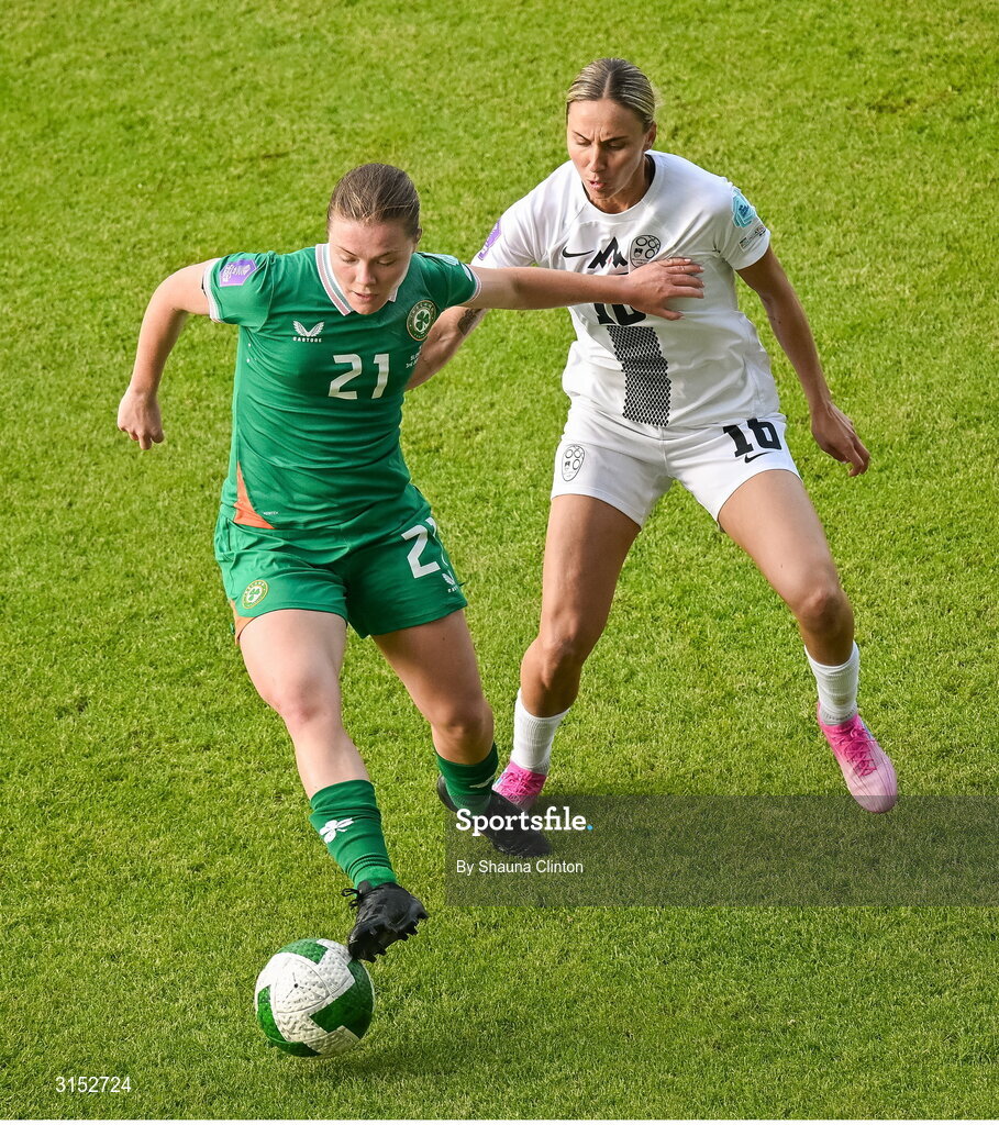 3 June 2025; Emily Murphy of Republic of Ireland in action against Kaja Eržen of Slovenia during the UEFA Women's Nations League, League B match between Republic of Ireland and Slovenia at Páirc Uí Chaoimh in Cork. Photo by Shauna Clinton/Sportsfile