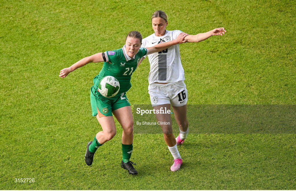 3 June 2025; Emily Murphy of Republic of Ireland in action against Kaja Eržen of Slovenia during the UEFA Women's Nations League, League B match between Republic of Ireland and Slovenia at Páirc Uí Chaoimh in Cork. Photo by Shauna Clinton/Sportsfile