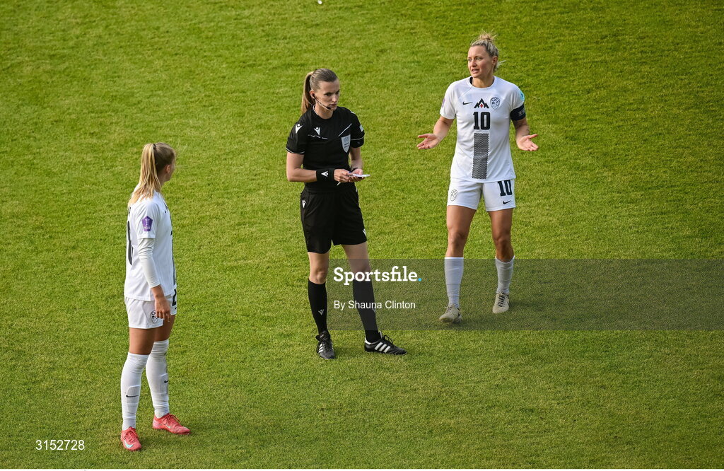 3 June 2025; Dominika Conc of Slovenia, right, remonstrates with referee Miriama Bocková during the UEFA Women's Nations League, League B match between Republic of Ireland and Slovenia at Páirc Uí Chaoimh in Cork. Photo by Shauna Clinton/Sportsfile