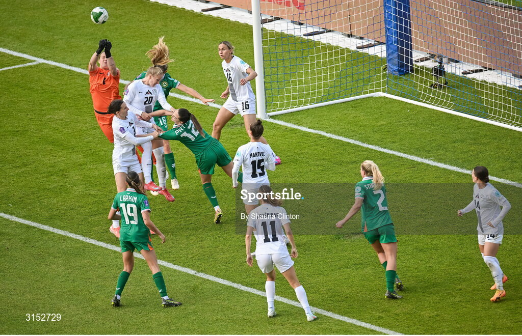 3 June 2025; Slovenia goalkeeper Zala Meršnik makes a save during the UEFA Women's Nations League, League B match between Republic of Ireland and Slovenia at Páirc Uí Chaoimh in Cork. Photo by Shauna Clinton/Sportsfile