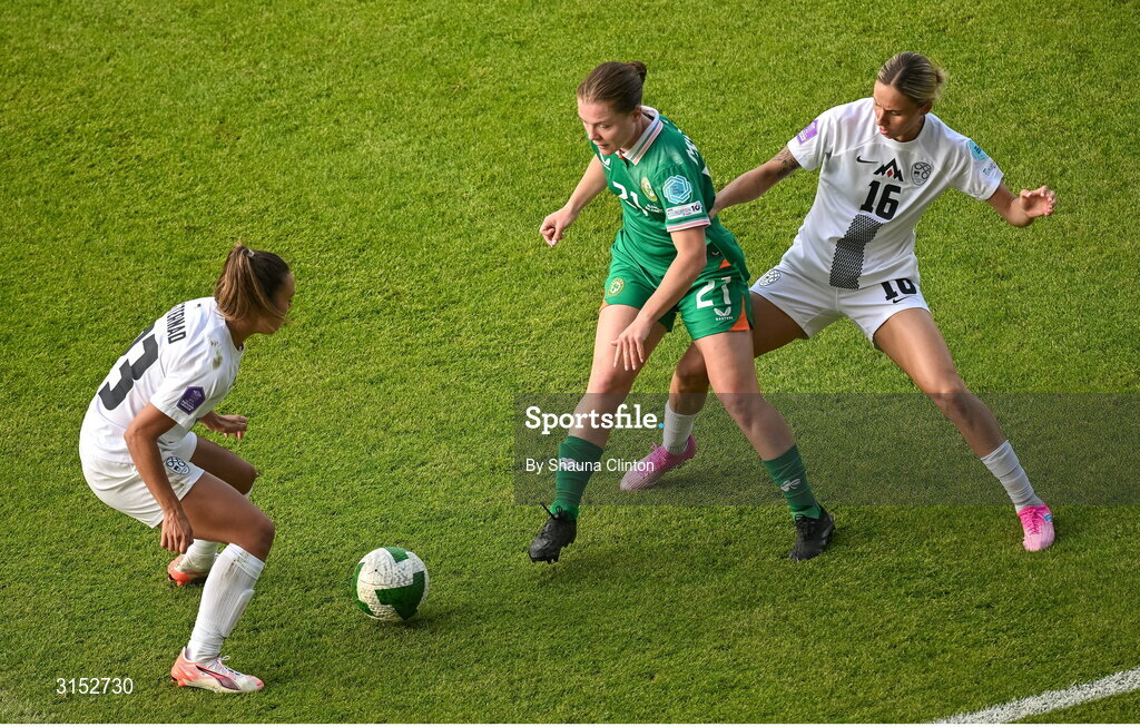 3 June 2025; Emily Murphy of Republic of Ireland in action against Kaja Eržen of Slovenia during the UEFA Women's Nations League, League B match between Republic of Ireland and Slovenia at Páirc Uí Chaoimh in Cork. Photo by Shauna Clinton/Sportsfile
