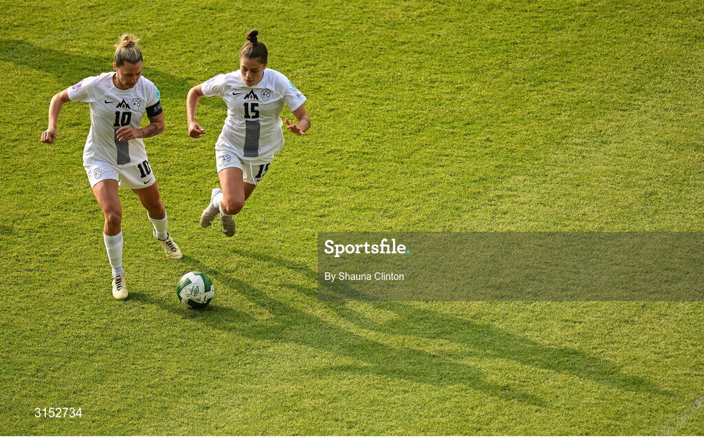3 June 2025; Slovenia players Dominika Conc, left, and Sara Makovec during the UEFA Women's Nations League, League B match between Republic of Ireland and Slovenia at Páirc Uí Chaoimh in Cork. Photo by Shauna Clinton/Sportsfile