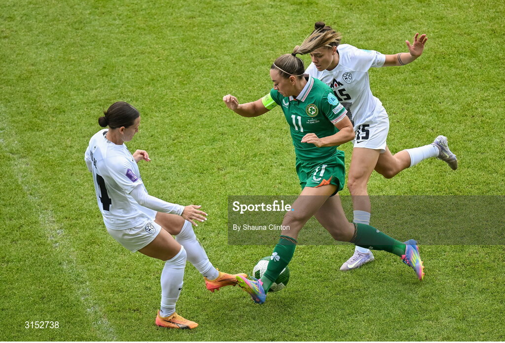 3 June 2025; Katie McCabe of Republic of Ireland in action against Slovenia players Špela Kolbl, left, and Sara Makovec during the UEFA Women's Nations League, League B match between Republic of Ireland and Slovenia at Páirc Uí Chaoimh in Cork. Photo by Shauna Clinton/Sportsfile