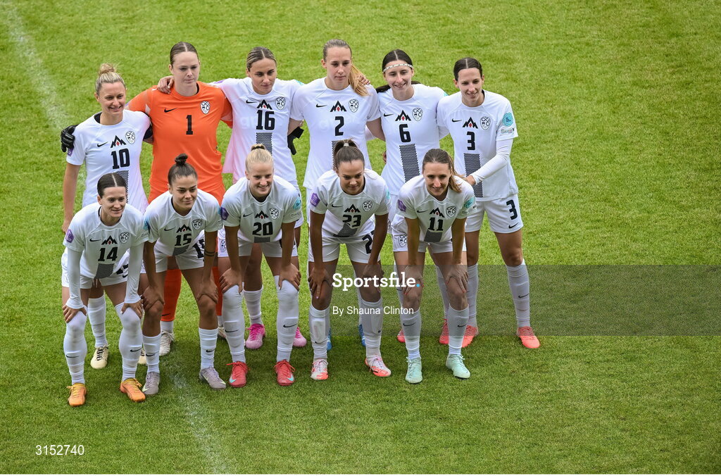 3 June 2025; The Slovenia squad pose for a team photograph before the UEFA Women's Nations League, League B match between Republic of Ireland and Slovenia at Páirc Uí Chaoimh in Cork. Photo by Shauna Clinton/Sportsfile