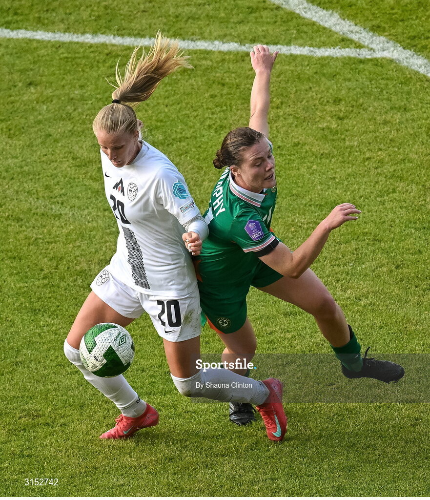 3 June 2025; Zara Kramžar of Slovenia in action against Emily Murphy of Republic of Ireland during the UEFA Women's Nations League, League B match between Republic of Ireland and Slovenia at Páirc Uí Chaoimh in Cork. Photo by Shauna Clinton/Sportsfile