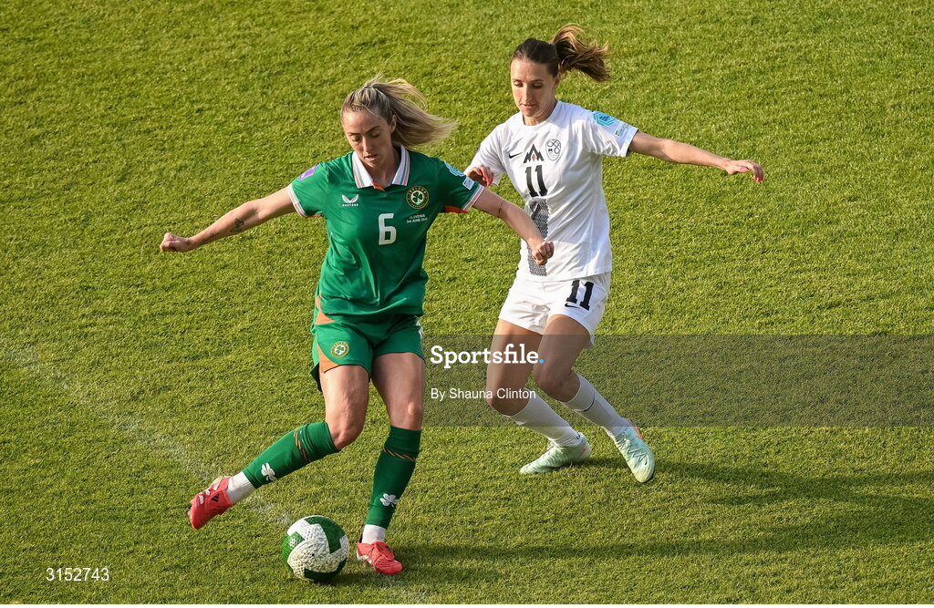 3 June 2025; Megan Connolly of Republic of Ireland in action against Lara Prašnikar of Slovenia during the UEFA Women's Nations League, League B match between Republic of Ireland and Slovenia at Páirc Uí Chaoimh in Cork. Photo by Shauna Clinton/Sportsfile