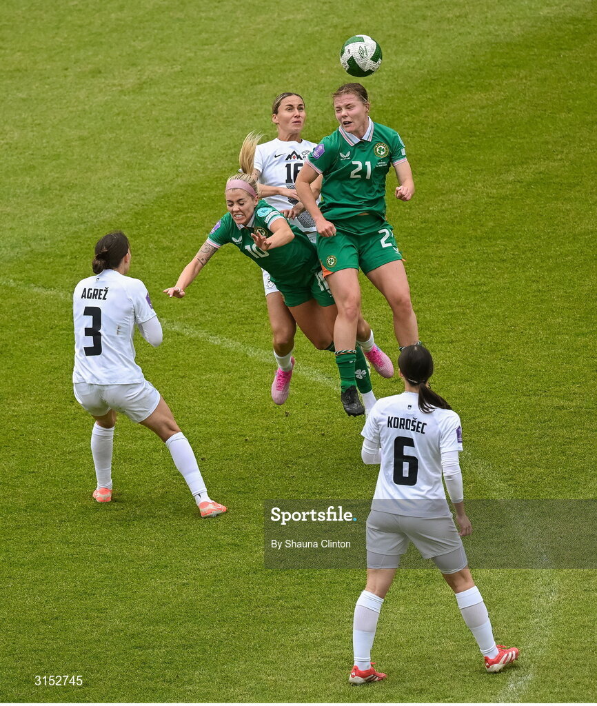 3 June 2025; Republic of Ireland players Emily Murphy, right, and Denise O’Sullivan contest a high ball against Kaja Eržen of Slovenia during the UEFA Women's Nations League, League B match between Republic of Ireland and Slovenia at Páirc Uí Chaoimh in Cork. Photo by Shauna Clinton/Sportsfile