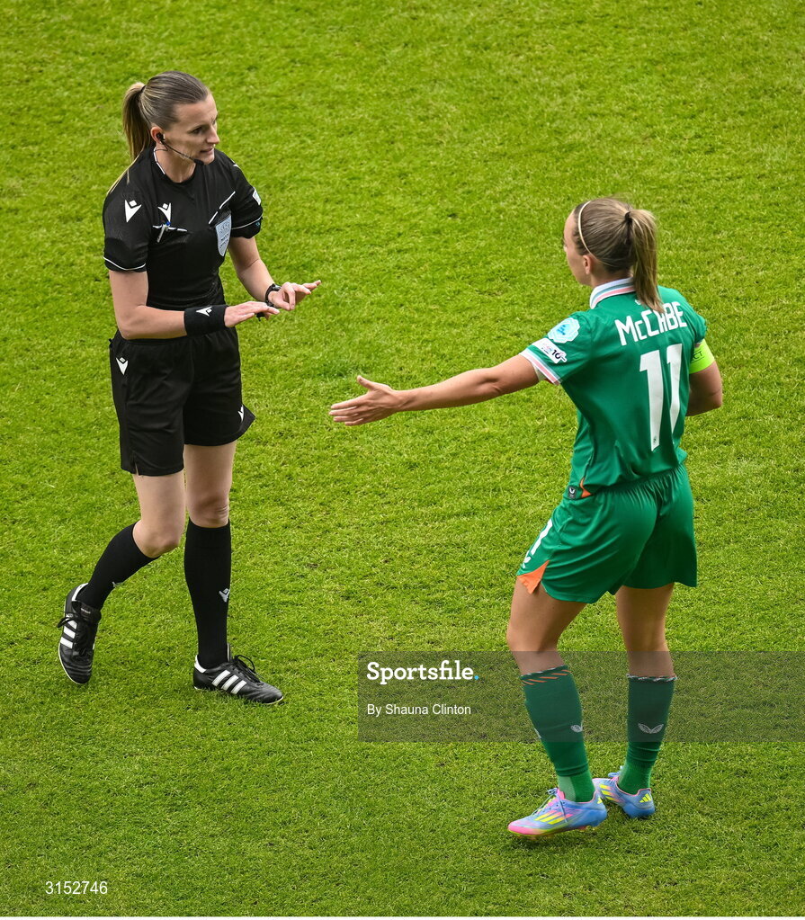 3 June 2025; Katie McCabe of Republic of Ireland remonstrates with referee Miriama Bocková during the UEFA Women's Nations League, League B match between Republic of Ireland and Slovenia at Páirc Uí Chaoimh in Cork. Photo by Shauna Clinton/Sportsfile