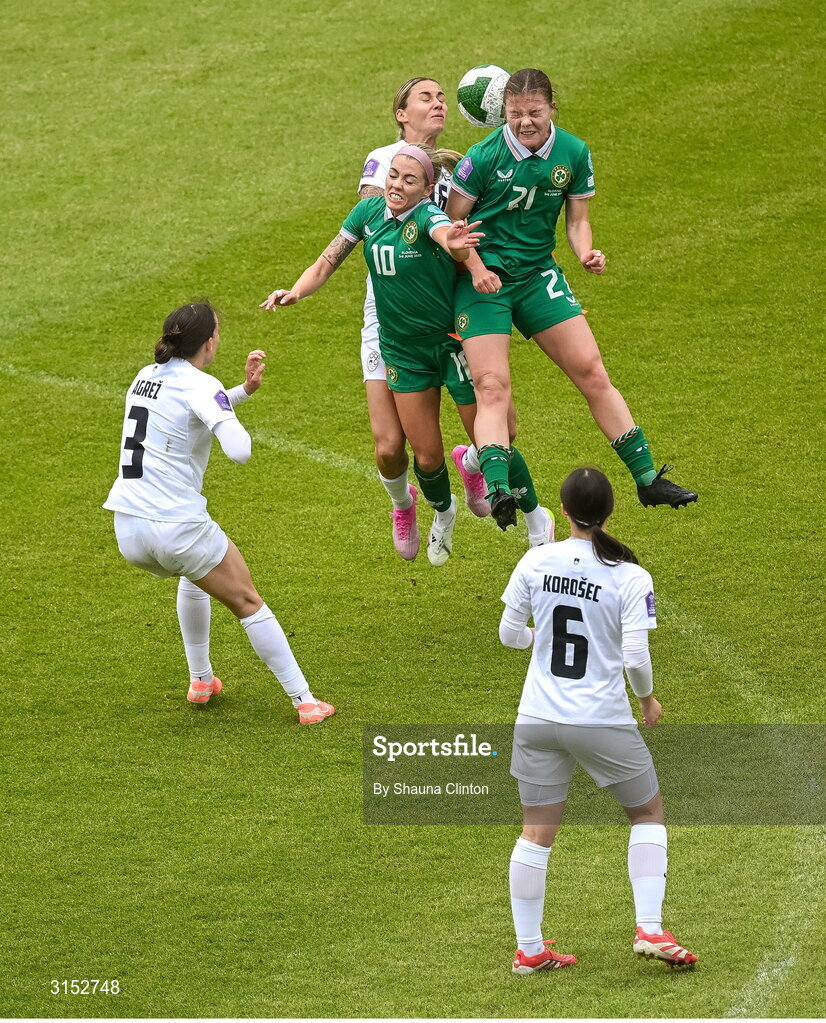 3 June 2025; Republic of Ireland players Emily Murphy, right, and Denise O’Sullivan contest a high ball against Kaja Eržen of Slovenia during the UEFA Women's Nations League, League B match between Republic of Ireland and Slovenia at Páirc Uí Chaoimh in Cork. Photo by Shauna Clinton/Sportsfile